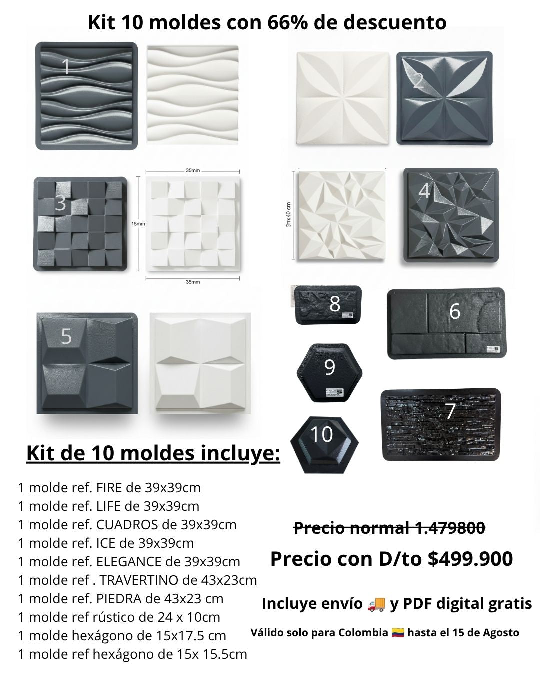 KIT DE 10 MOLDES PARA PARED 3D EN YESO O CONCRETO